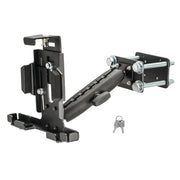 The LockVise™ Metal Locking Forklift Front Guard Tablet Mount with 7.25 shaft, shown in black metal with bolts and two silver keys, offers a secure and adjustable warehouse tablet mounting solution.