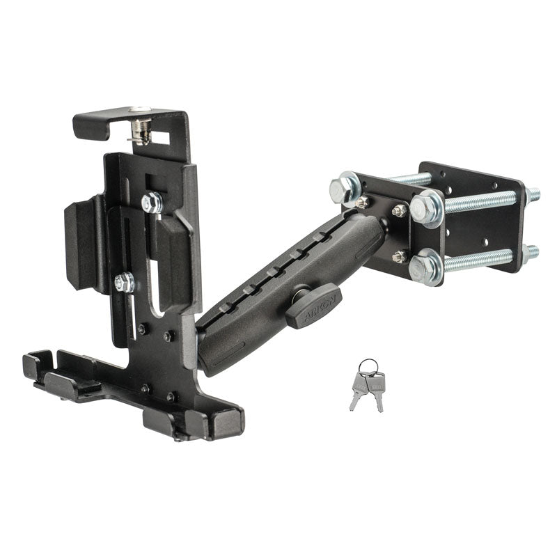 The LockVise™ Metal Locking Forklift Front Guard Tablet Mount with 7.25 shaft, shown in black metal with bolts and two silver keys, offers a secure and adjustable warehouse tablet mounting solution.