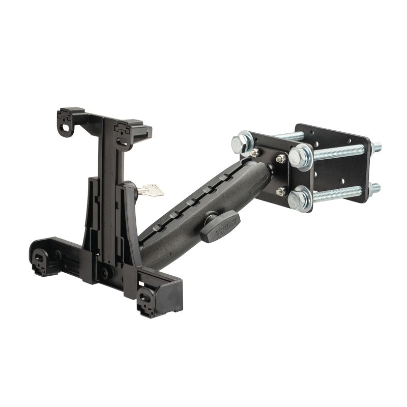 The LockVise™ Locking Forklift Front Guard Tablet Mount with 7.25 Shaft securely attaches your device to a pole or flat surface with its adjustable black bracket, sturdy metal bolts, and clamp.