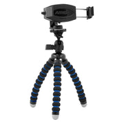 The 7.5 Mini Adjustable Tripod with Phone Holder features blue and black foam legs, a ball joint, and a secure grip—ideal for content creation with your smartphone or small camera.