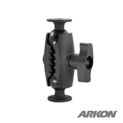 The 8 Heavy-Duty Metal AMPS Mount (57mm/2.25 ball compatible) features a double ball mount with two round plates, a central tightening knob, and a 4-hole AMPS drill base, shown on a white background with the ARKON logo at bottom right.