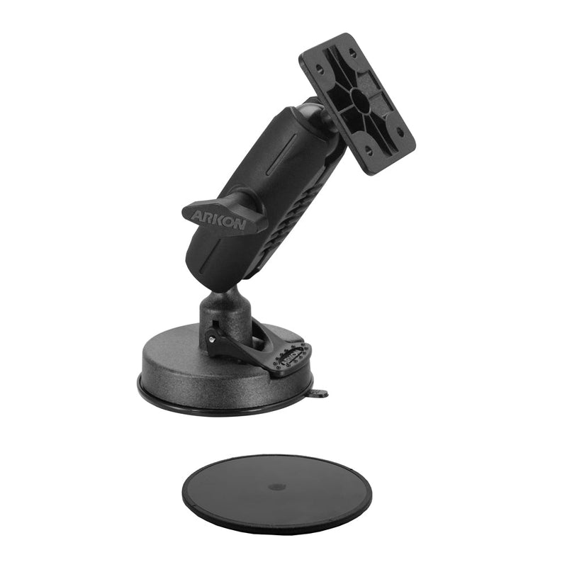 The ARKON 80mm Sticky Suction Windshield or Dash AMPS Mount features a black adjustable arm with a rectangular 4-hole AMPS plate, a heavy-duty suction base, and an included round adhesive disc.