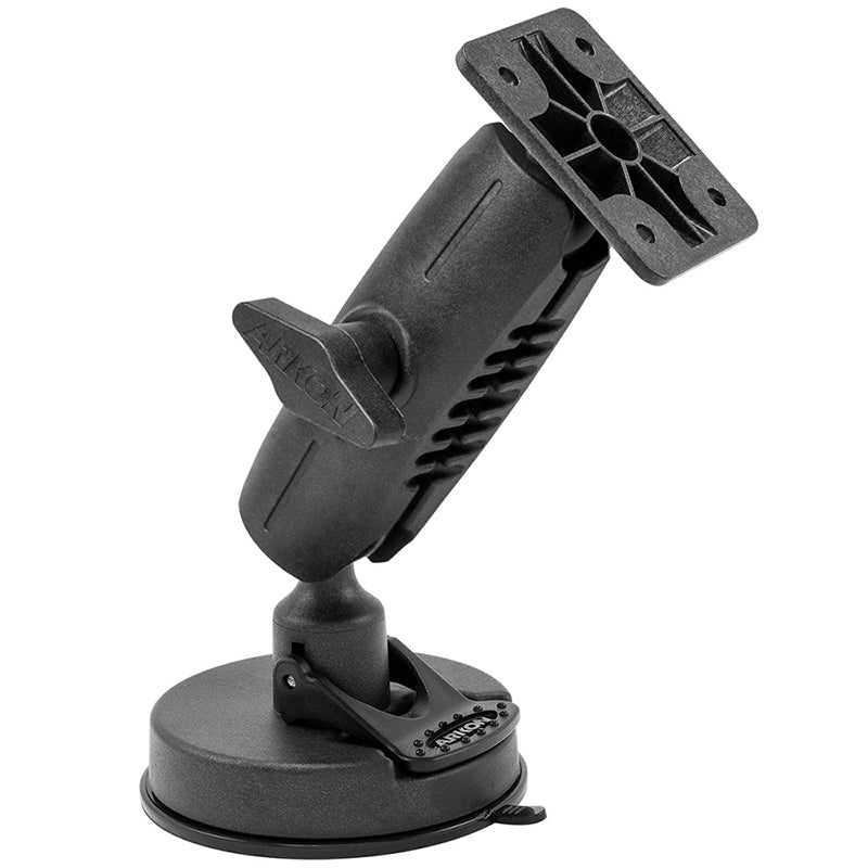 The 80mm Windshield Suction Mount with 4-Hole AMPS Head is a black adjustable bracket with a heavy-duty suction base and flat rectangular top plate, ideal for securely mounting devices on smooth surfaces.