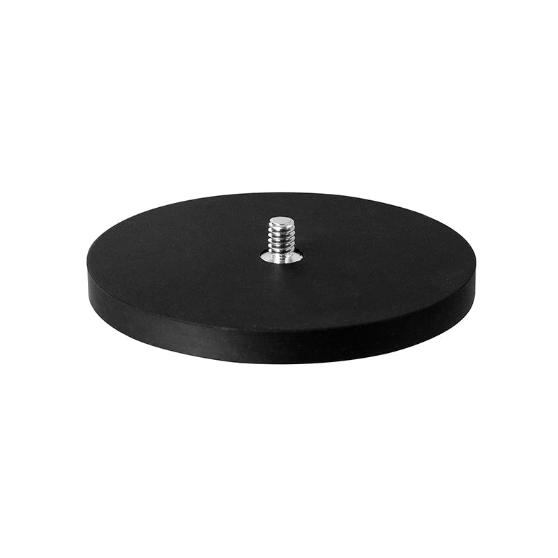 The 88mm Diameter Round Heavy-Duty Magnetic Base features a black metal design with a short central 1/4-20 camera mounting bolt, ideal for securely attaching equipment.