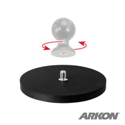 The 88mm Diameter Round Heavy-Duty Magnetic Base with 1/4-20 Camera Bolt is black and features a central mounting bolt, a separate white ball mount above it showing rotational direction, and the ARKON logo in the bottom right corner.