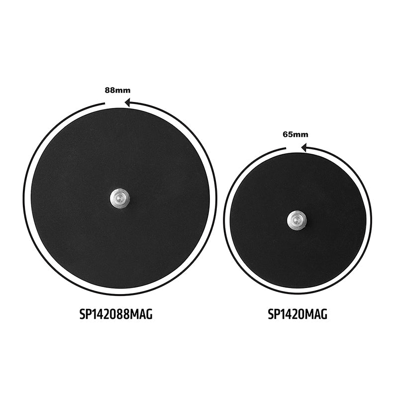 Shown side by side are two black discs with central silver camera bolts; the left is an 88mm Diameter Round Heavy-Duty Magnetic Base with 1/4-20 Camera Bolt, while the right disc measures 65mm.