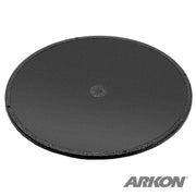 The 90mm Adhesive Dash Mounting Disk for 80mm Suction Mounts is a round, flat black disk with a textured edge, ideal for dashboards or as a dash mount disc for windshield suction mounts. Features ARKON logo in the bottom right corner.