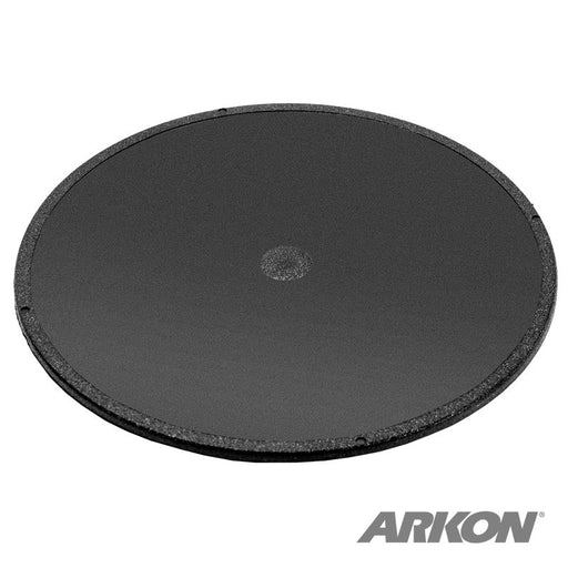 A 90mm VHB Adhesive Mounting Disk for Car Dashboards, GPS, and Smartphones is shown on a white background. The round black disk features a textured edge, and ARKON appears in gray text at the lower right corner.