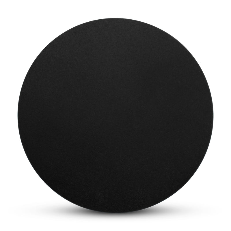 A solid black 90mm VHB Adhesive Steel Disc appears on a white background, resembling a mounting disc with a faint shadow beneath it.