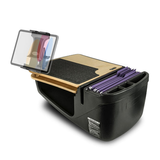 Car desk organizer with tablet stand, pen holder, and storage compartments on a white background