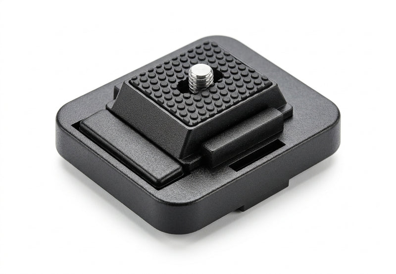 A black Arkon Mounts Quick Release Camera Adapter Converter with a textured surface, featuring a silver mounting screw and a convenient quick release mechanism, isolated on a white background.