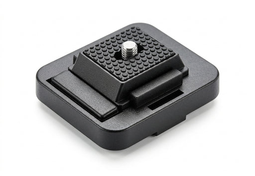 A black Arkon Mounts Quick Release Camera Adapter Converter with a textured surface, featuring a silver mounting screw and a convenient quick release mechanism, isolated on a white background.