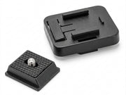 Two black Arkon Mounts Quick Release Camera Adapter Converter plates—one shown upright with a textured surface and silver screw, the other lying flat to display smooth slots and attachment mechanisms—ideal for use with a Quick Release Camera Adapter or AMPS adapter, and compatible with 22mm ball socket mounting systems.