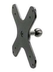 The VESA 75 / VESA 100 to 20mm Ball Mount Bracket Adapter is a black, X-shaped metal adapter with center and corner holes, designed for flexible positioning via a 20mm ball mount.