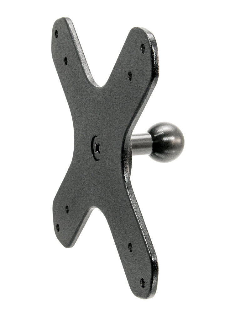 The VESA 75 / VESA 100 to 20mm Ball Mount Bracket Adapter is a black, X-shaped metal adapter with center and corner holes, designed for flexible positioning via a 20mm ball mount.