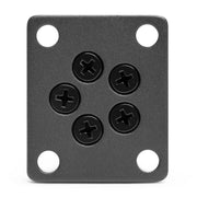 The XMS 38mm AMPS Adapter Plate is a rectangular black aluminum plate with four corner holes and five center black Phillips screws in an X pattern, designed for heavy-duty use and compatibility with the AMPS mounting pattern.
