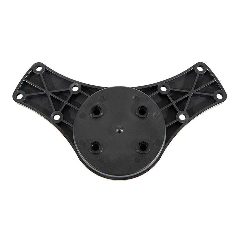 The Double Suction Splitter Bar Plate is a black plastic mounting plate with a round base, two arms each with a 4-hole AMPS pattern, multiple screw holes, and a crisscross support structure.