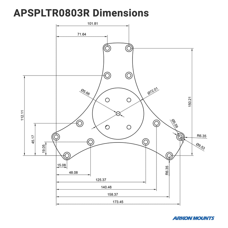 Technical drawing of the Triple Splitter Bar Plate with three symmetrical arms and an AMPS mounting pattern, detailed measurements shown. The Arkon Mounts logo appears in the bottom right corner.