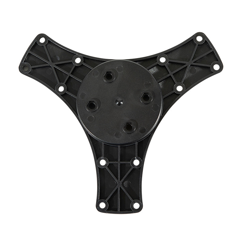The Triple Splitter Bar Plate is a black, three-pronged mounting bracket with a circular center and multiple screw holes per arm, featuring the AMPS mounting pattern and shown from above against a white background.