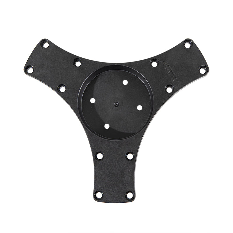 The Triple Splitter Bar Plate is a black, Y-shaped bracket with multiple screw holes. It features a center circular recessed area with an AMPS mounting pattern and extra holes for secure attachment of objects.