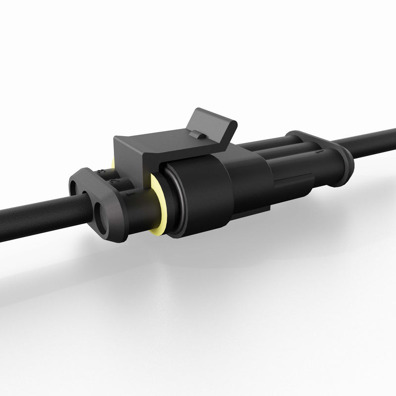 A close-up of the Arkon Mounts 60W USB-C & USB-A Charging Harness, featuring a black electrical connector with a locking mechanism joined to two black cables on each end, displayed on a white background—ideal for dual charging harness setups supporting USB-C Power Delivery.