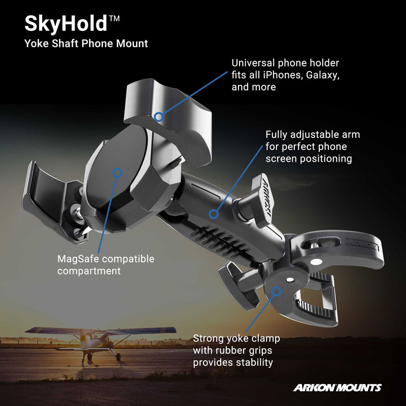 The SkyHold™ Yoke Phone Mount is shown with labeled features: a universal holder, MagSafe-compatible compartment, adjustable arm, and strong yoke clamp with rubber grips. An airplane appears in the background.