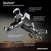A labeled diagram of the SkyHold™ Yoke Locking Phone Mount, an aviation phone holder with adjustable arm, locking mechanism, and strong yoke clamp with rubber grips. The Arkon Mounts logo is shown at the bottom.