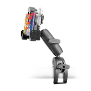 The SkyHold™ Yoke Locking Phone Mount, in black, attaches to the edge of a white surface and securely holds a smartphone displaying colorful app icons.