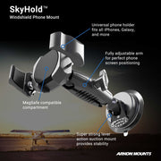 The SkyHold™ Windshield Suction Phone Mount in black features a universal holder, MagSafe-compatible compartment, fully adjustable arm, and strong lever-action suction mount. SkyHold and Arkon Mounts logos are visible.