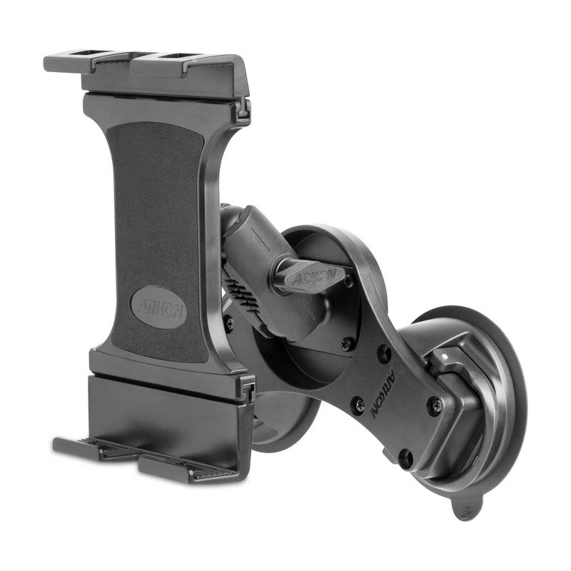 The SkyHold™ Windshield Dual Suction Tablet Mount is a black, adjustable holder designed to securely hold a tablet or smartphone on flat surfaces like a windshield or dashboard with its dual suction cup base.