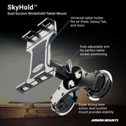 The SkyHold™ Windshield Dual Suction Tablet Mount features adjustable arms and a universal holder for secure tablet positioning. Super strong lever action ensures reliable mounting—ideal for aviation use, shown with an airplane at sunset.