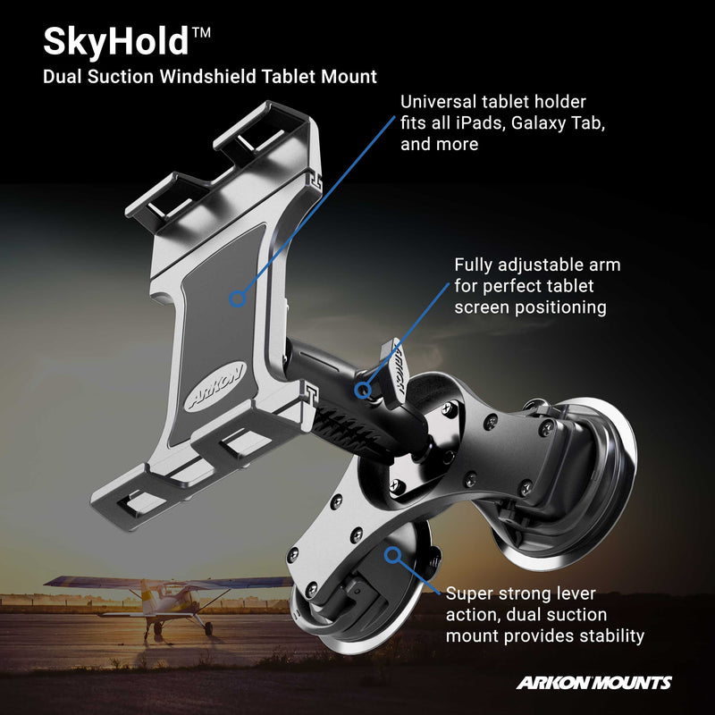 The SkyHold™ Windshield Dual Suction Tablet Mount features adjustable arms and a universal holder for secure tablet positioning. Super strong lever action ensures reliable mounting—ideal for aviation use, shown with an airplane at sunset.