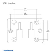 Technical diagram for Car Seat Rail or Floor Mount - 17mm Ball Compatible: rectangular plate (1.96 x 1.18) with four corner holes, two central slots (1.5 apart), fits 17mm ball end attachments.