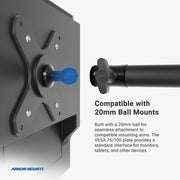 Close-up of the Heavy-Duty Multi-Angle Drill-Base Mounting Pedestal for VESA 75/100 compatible devices, showing the blue 20mm ball, adjustable arm, and VESA mount plate. Features include multi-angle adjustment and ARKON MOUNTS branding.