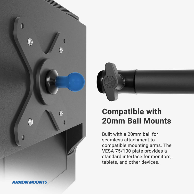Close-up of the Heavy-Duty Multi-Angle Drill-Base Mounting Pedestal for VESA 75/100 compatible devices, showing the blue 20mm ball, adjustable arm, and VESA mount plate. Features include multi-angle adjustment and ARKON MOUNTS branding.