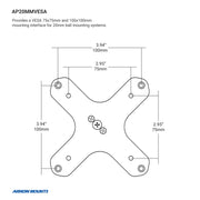 Diagram of the Heavy-Duty Multi-Angle Drill-Base Mounting Pedestal for VESA 75/100 devices, showing labeled 75x75mm and 100x100mm hole patterns with four mounting holes per arm—perfect for 20mm ball multi-angle arm systems. Arkon Mounts logo shown.