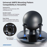 The Circular 38mm (1.5 inch) Ball to 4-Hole AMPS Adapter features a black mounting base with two screws, supports the universal 4-hole AMPS pattern (0.2 inch/5.3mm holes), ensuring wide compatibility, durability, and easy installation.