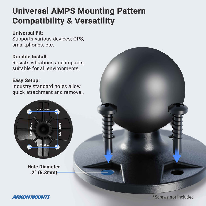 The Circular 38mm (1.5 inch) Ball to 4-Hole AMPS Adapter features a black mounting base with two screws, supports the universal 4-hole AMPS pattern (0.2 inch/5.3mm holes), ensuring wide compatibility, durability, and easy installation.