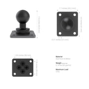 The XMS 25mm AMPS Adapter Plate is a black aluminum mounting ball plate shown from three angles, measuring 1.8 tall with a 2x2 base and 1.7 (25mm) ball mount diameter. It weighs 0.14 lbs, supports up to 5 lbs, and includes an AMPS mounting adapter.