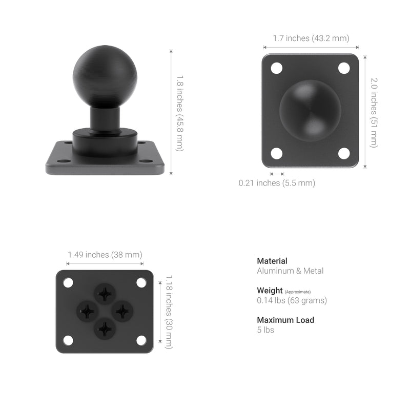 The XMS 25mm AMPS Adapter Plate is a black aluminum mounting ball plate shown from three angles, measuring 1.8 tall with a 2x2 base and 1.7 (25mm) ball mount diameter. It weighs 0.14 lbs, supports up to 5 lbs, and includes an AMPS mounting adapter.