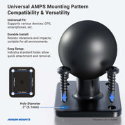 A diagram of the Metal 4-Hole AMPS to 38mm (1.5 inch) Ball Adapter displays a ball joint, four screw holes with labeled dimensions, screws, and text highlighting compatibility with Arkon Robust Series Mount and RAM Mount.