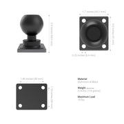 The XMS 38mm AMPS Adapter Plate is a black metal ball joint with a square base, shown from multiple angles. Features heavy-duty aluminum, AMPS mounting pattern, and supports up to 10 lbs. Size: 2.3 tall, 1.7 wide, base 1.49x1.18, 0.25 thick.