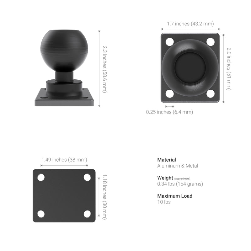 The XMS 38mm AMPS Adapter Plate is a black metal ball joint with a square base, shown from multiple angles. Features heavy-duty aluminum, AMPS mounting pattern, and supports up to 10 lbs. Size: 2.3 tall, 1.7 wide, base 1.49x1.18, 0.25 thick.
