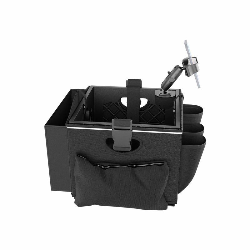 Black car organizer with cup holders and drink holder on a white background