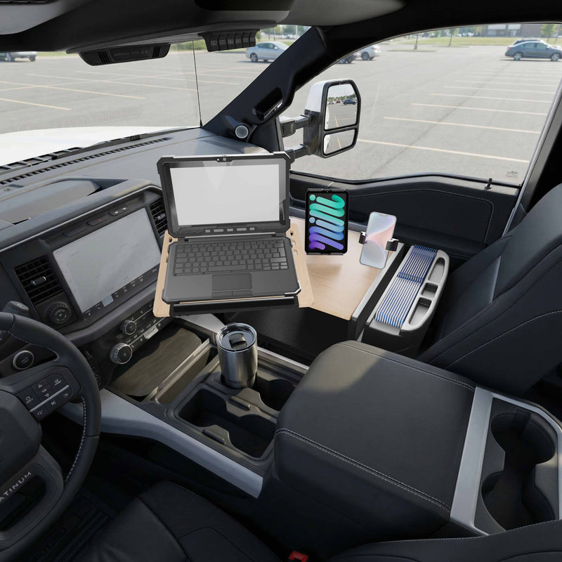 AutoExec Reach Front Seat Car Desk with Slim-Grip® Ultra Pro and RoadVise® Ultra Pro Drill-Base Mount