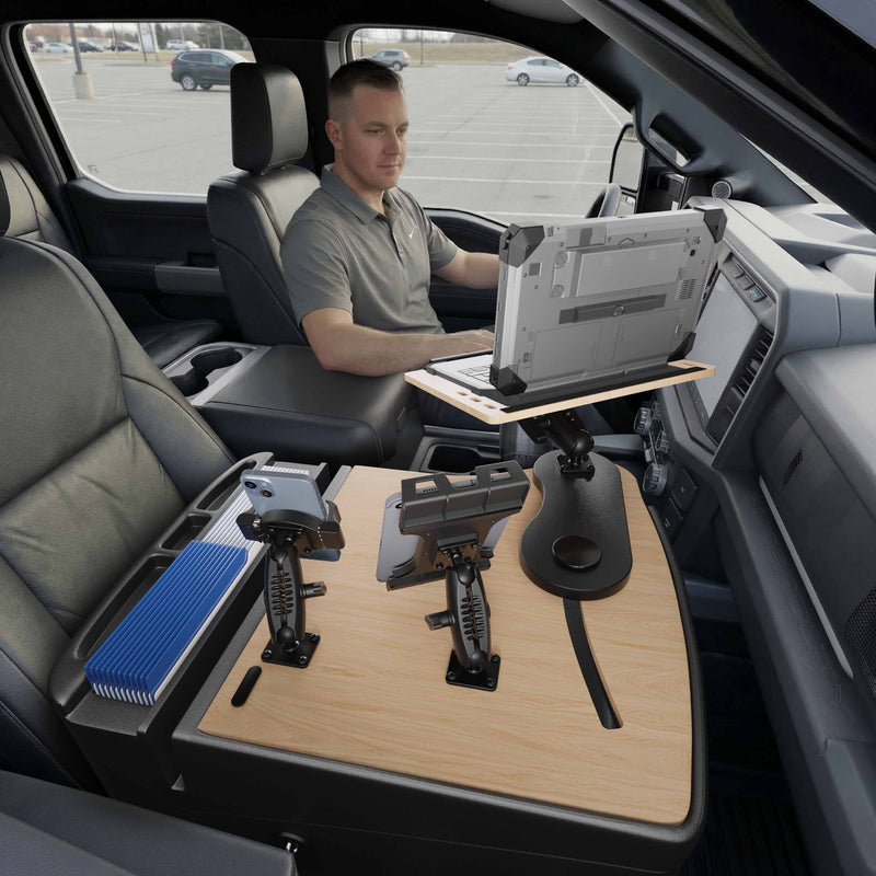 AutoExec Reach Front Seat Car Desk with Slim-Grip® Ultra Pro and RoadVise® Ultra Pro Drill-Base Mount