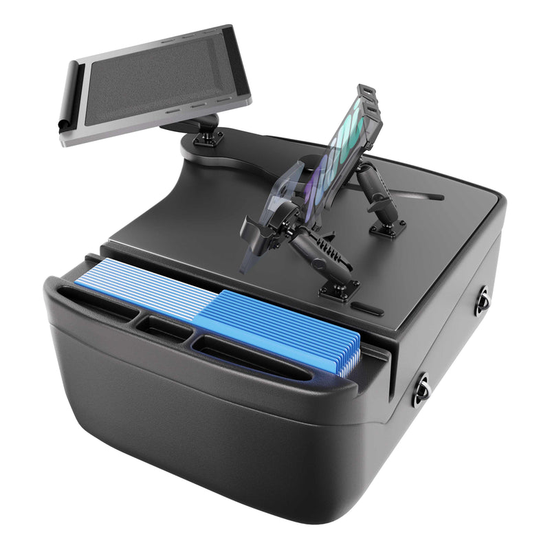 AutoExec Reach Front Seat Car Desk with Slim-Grip® Ultra Pro and RoadVise® Ultra Pro Drill-Base Mount