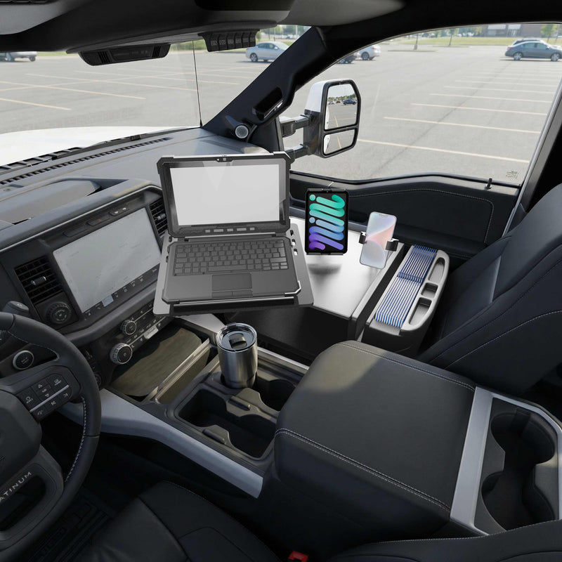 AutoExec Reach Front Seat Car Desk with Slim-Grip® Ultra Pro and RoadVise® Ultra Pro Drill-Base Mount