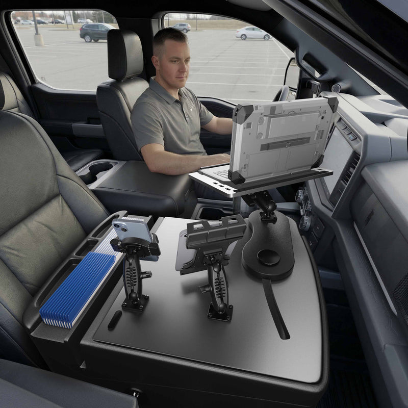 AutoExec Reach Front Seat Car Desk with Slim-Grip® Ultra Pro and RoadVise® Ultra Pro Drill-Base Mount