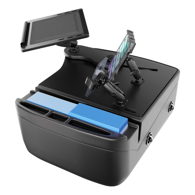 AutoExec Reach Front Seat Car Desk with Slim-Grip® Ultra Pro and RoadVise® Ultra Pro Drill-Base Mount